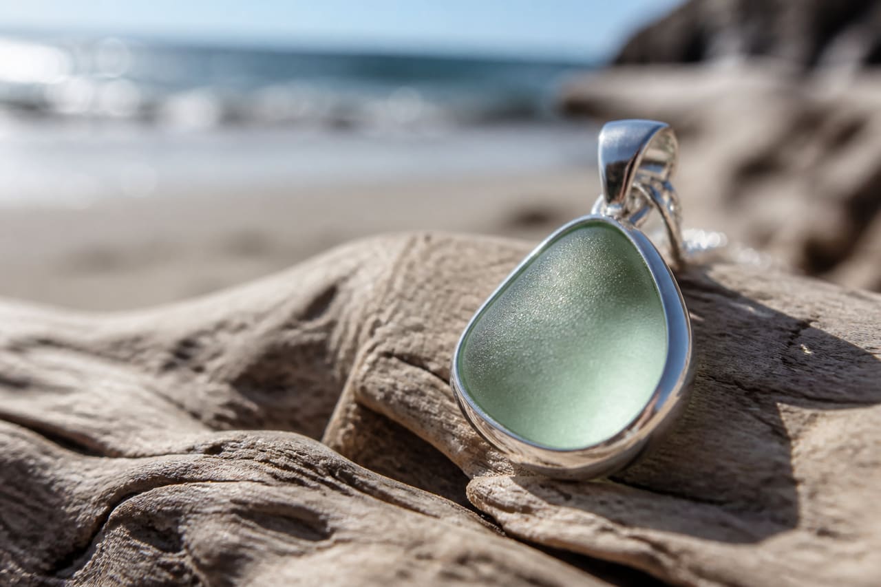 Handcrafted Bezel Sea Glass Jewelry Resting on Driftwood