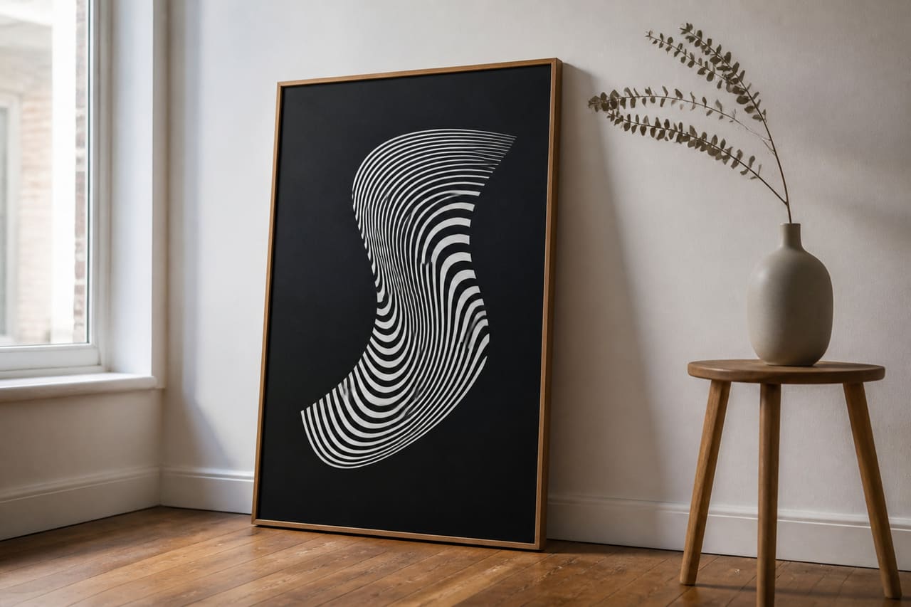 Minimalist Music Poster Leaning Against a White Gallery Wall