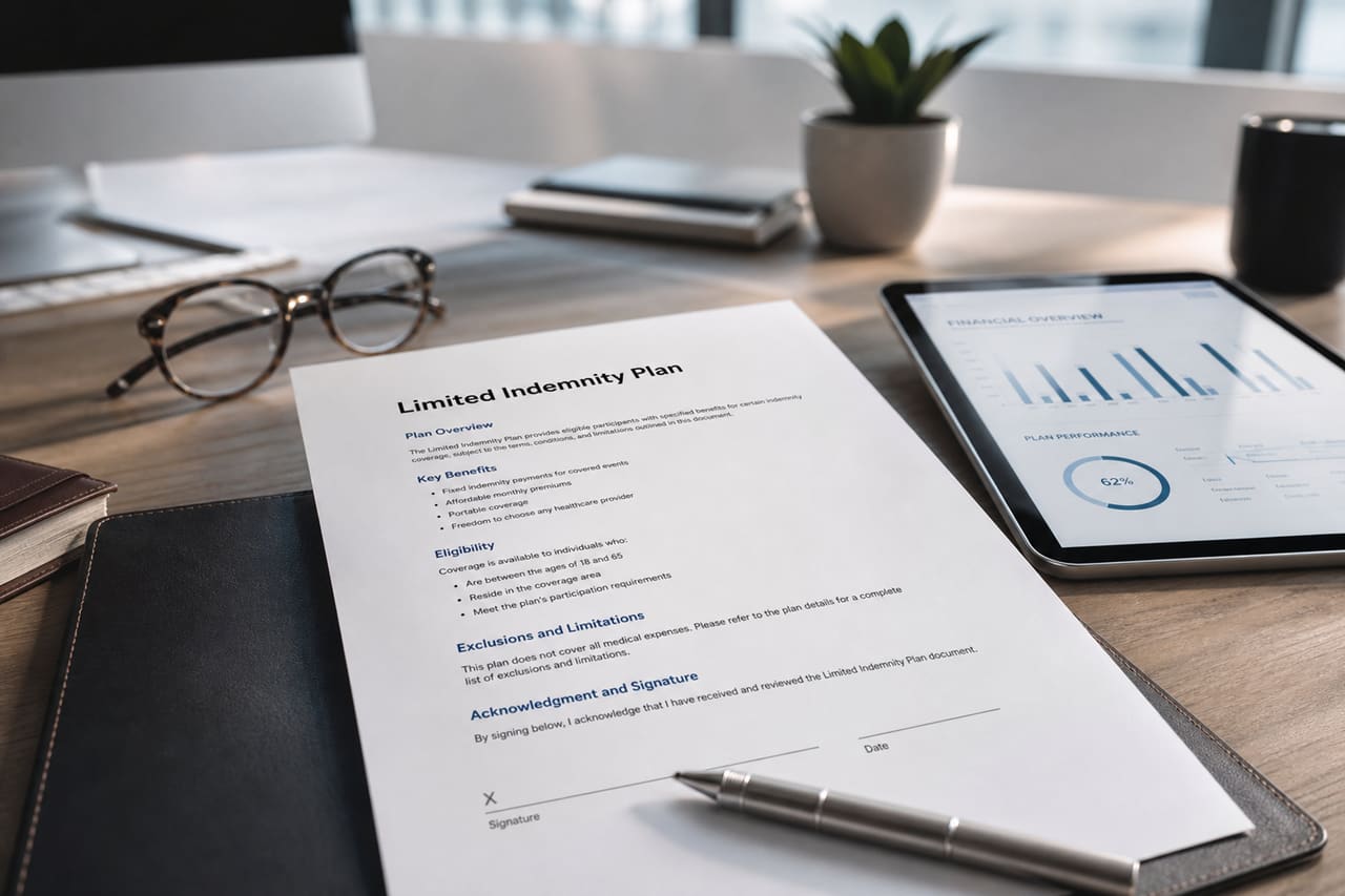 Insurance Document for Limited Indemnity Plan on Office Desk