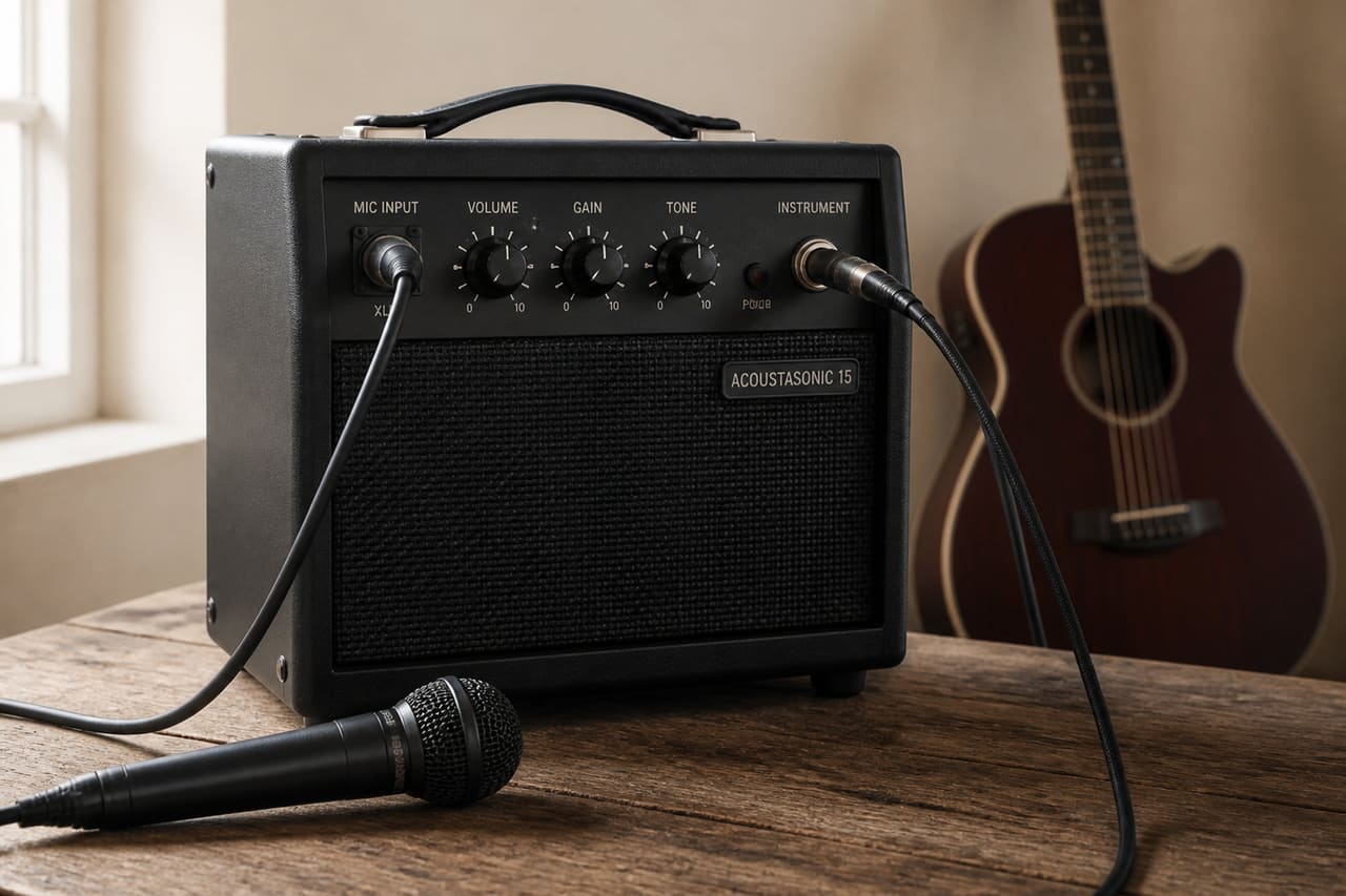 Portable Guitar Amp with Mic Input on Wooden Table