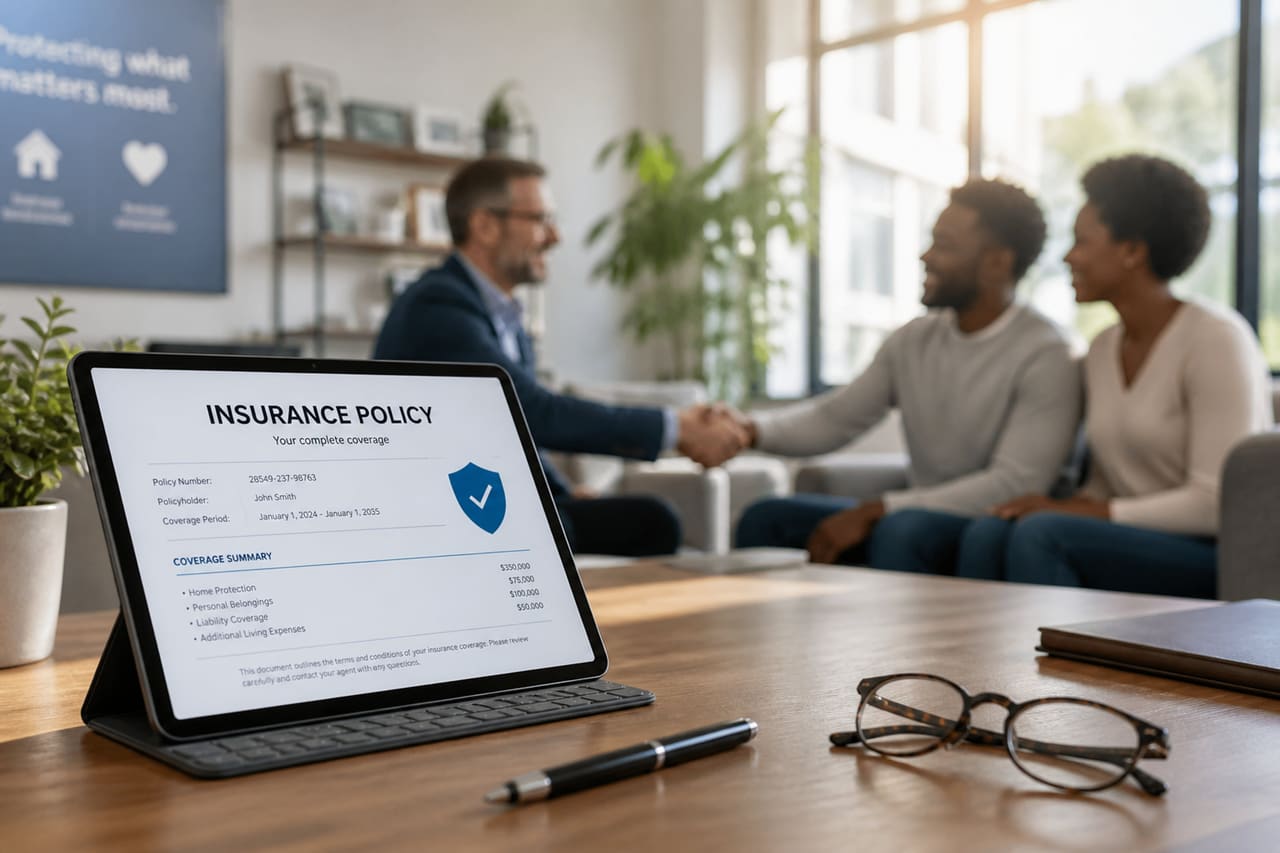 Insurance Agent Shaking Hands with Clients in Modern Office