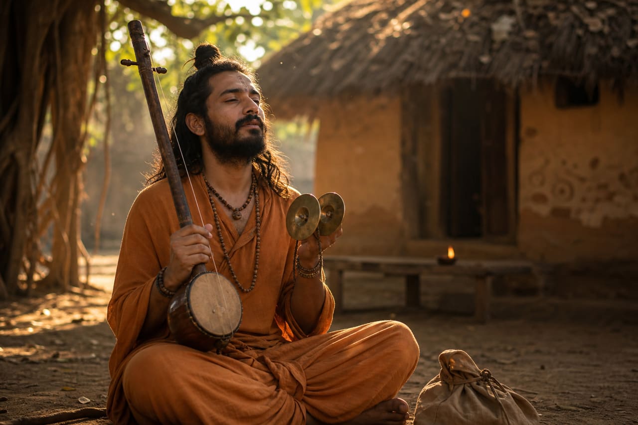 Devotee Narsi Bhagat Playing Ektara in a Rural Village