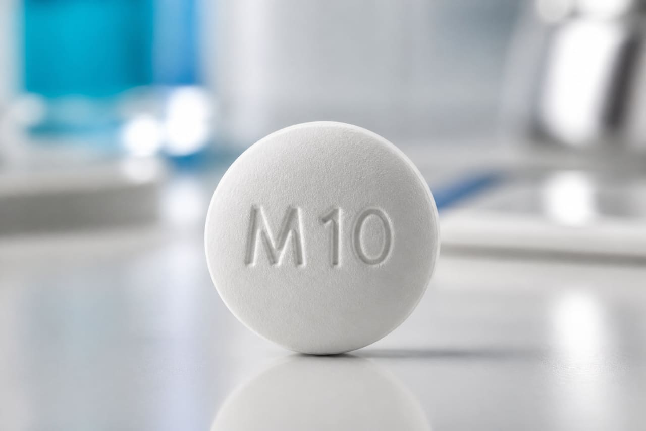 White Round Pill M10 on a Sterile Surface