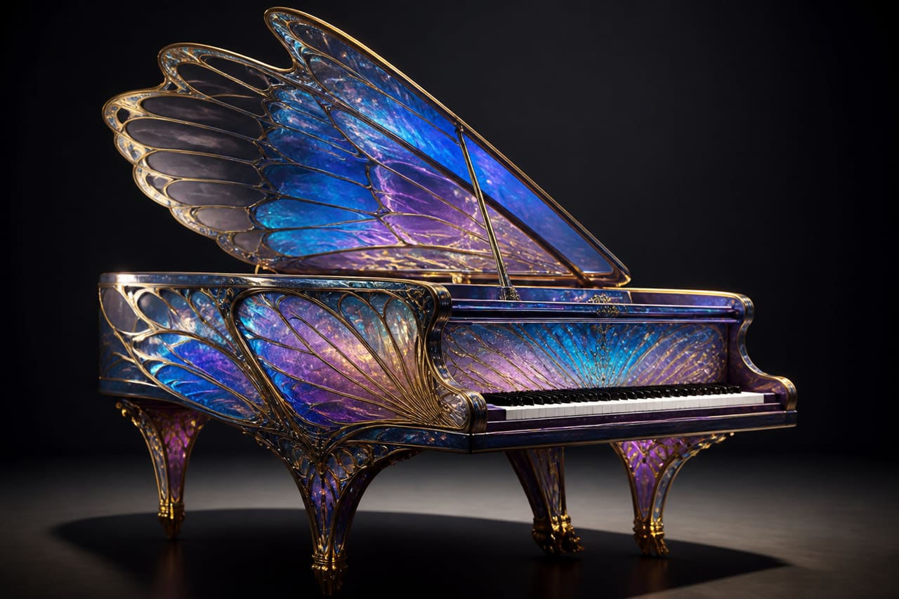 Conceptual Grand Piano with Iridescent Butterfly Wing Body