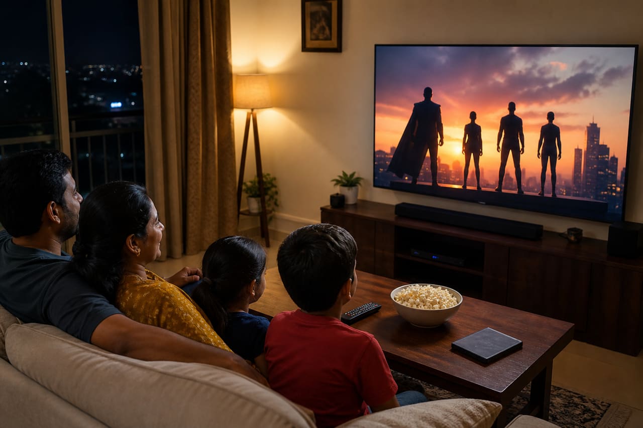 Four Superheroes Standing on a Futuristic City Rooftop