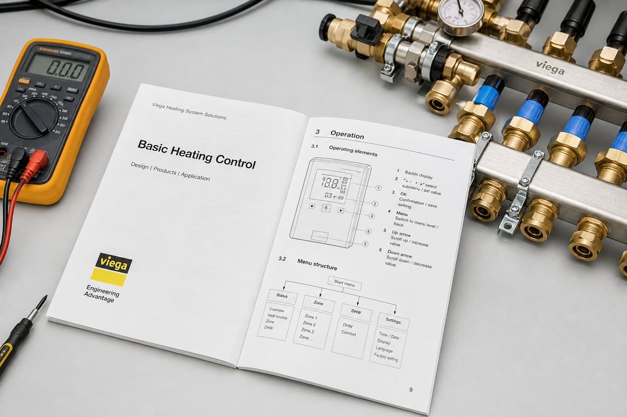 Hvac Technician Reviewing a Viega Basic Heating Control Manual