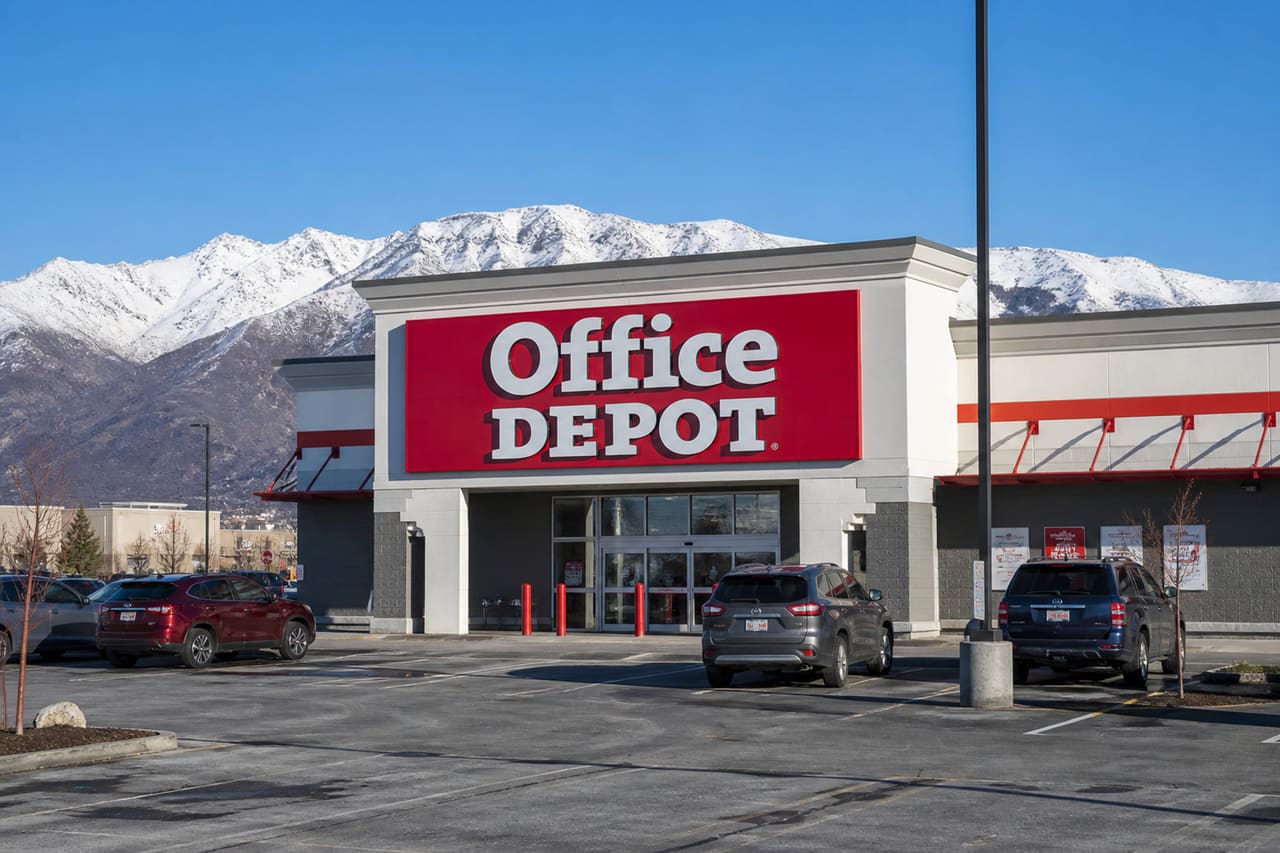 Office Depot Storefront with Snowy Mountains in Anchorage Alaska