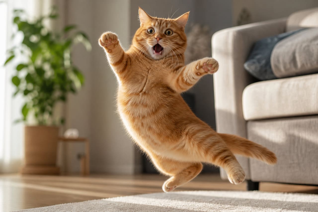 Surprised Ginger Cat Jumping in a Sunlit Living Room