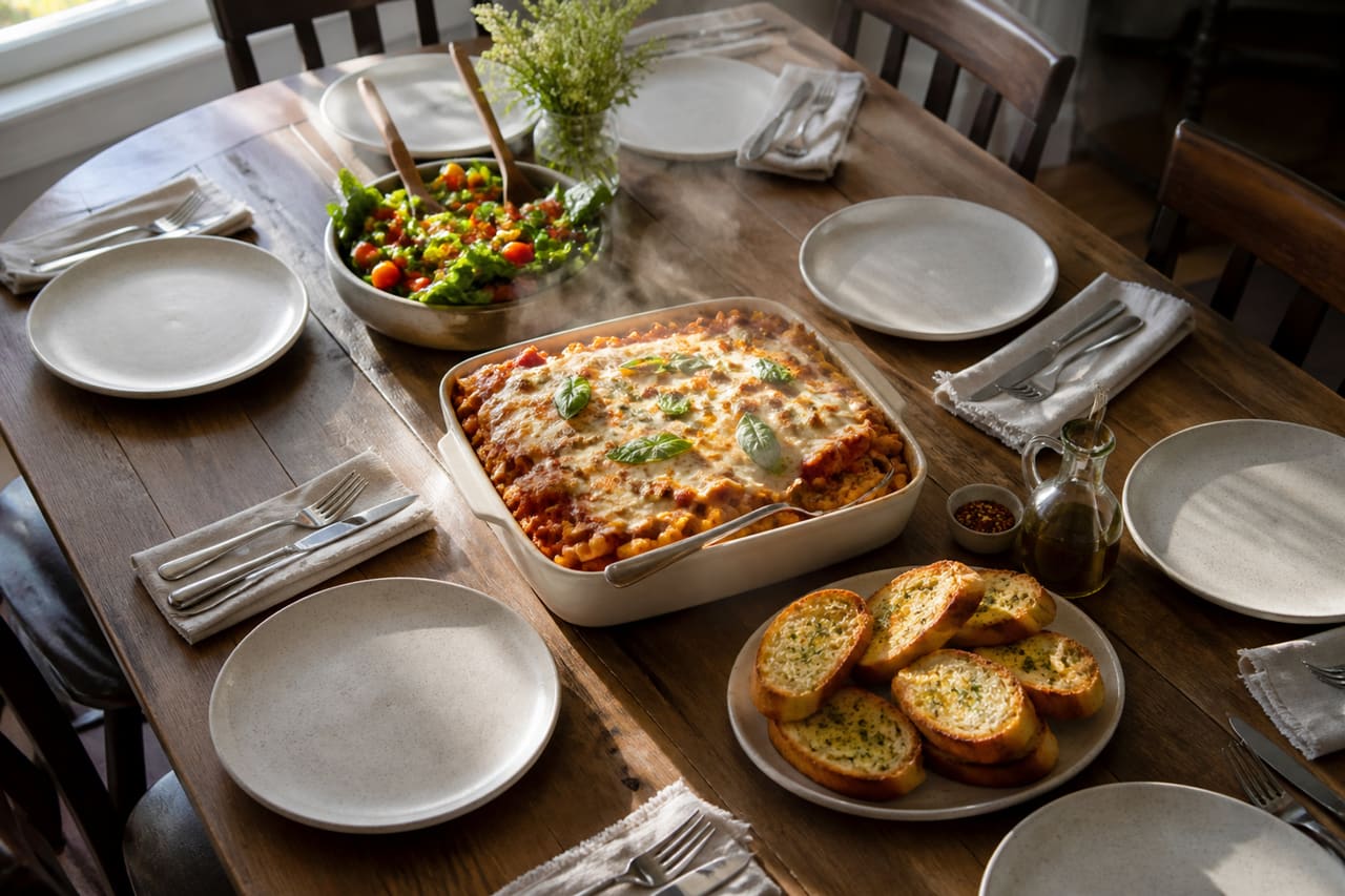 Baked Pasta and Salad Served on a Large Family Table