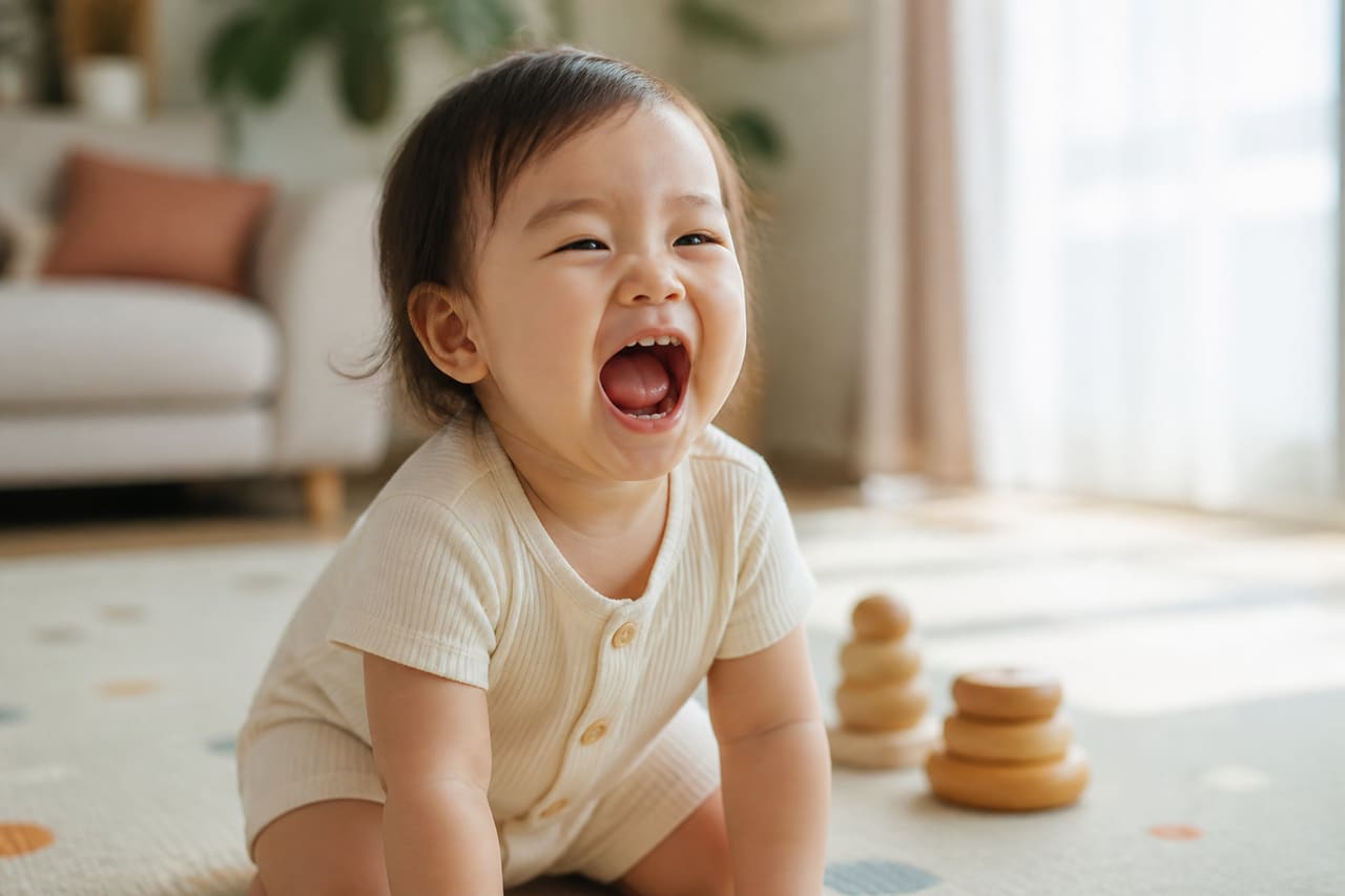 Joyful Toddler Squealing with Excitement in a Bright Living Room