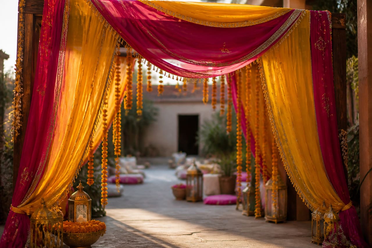 Traditional Mehndi Entrance Dupatta Draping at a Wedding Venue