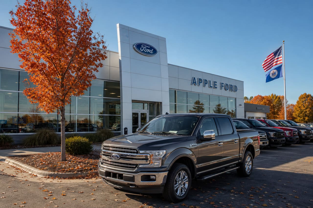 Modern Ford Dealership Exterior with Vehicles in Minnesota