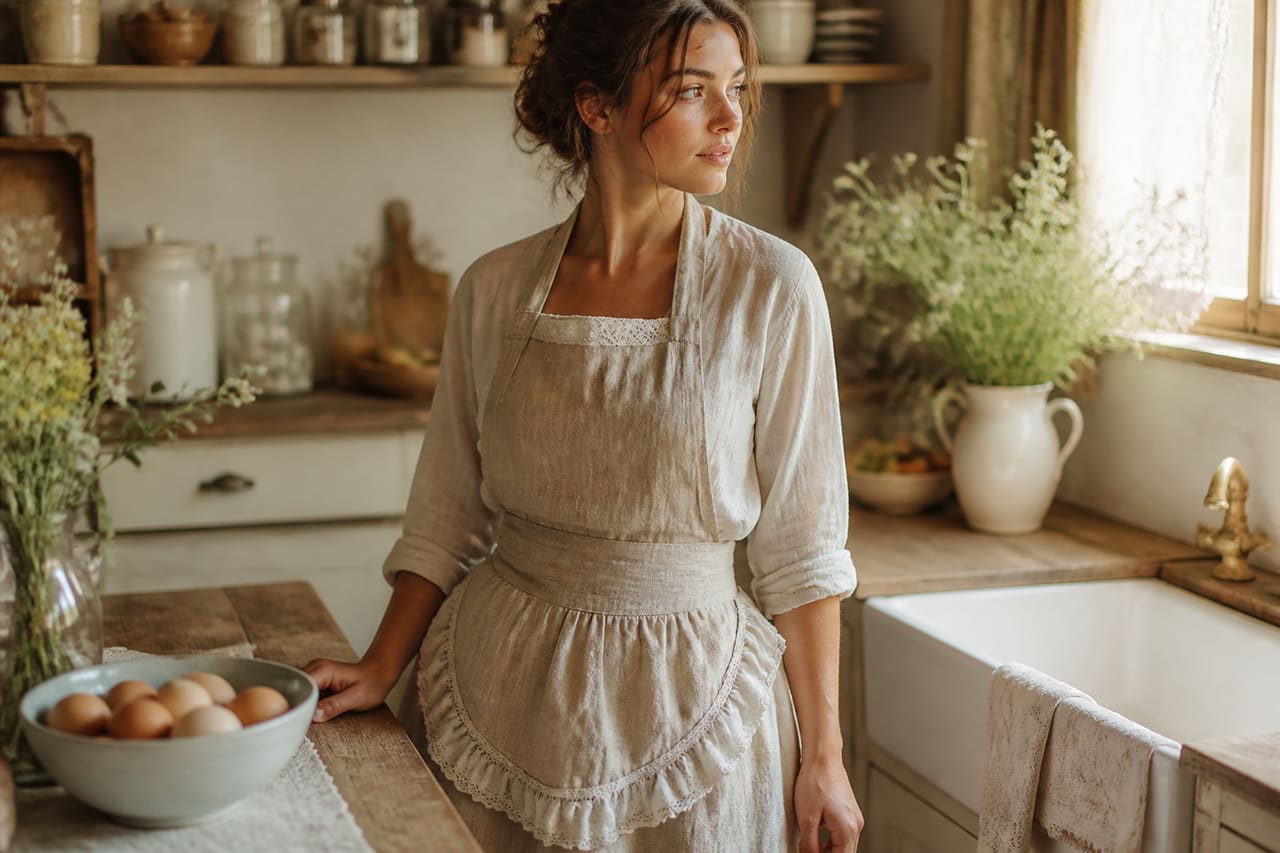 Woman Wearing a Vintage Linen Apron in a Rustic Kitchen