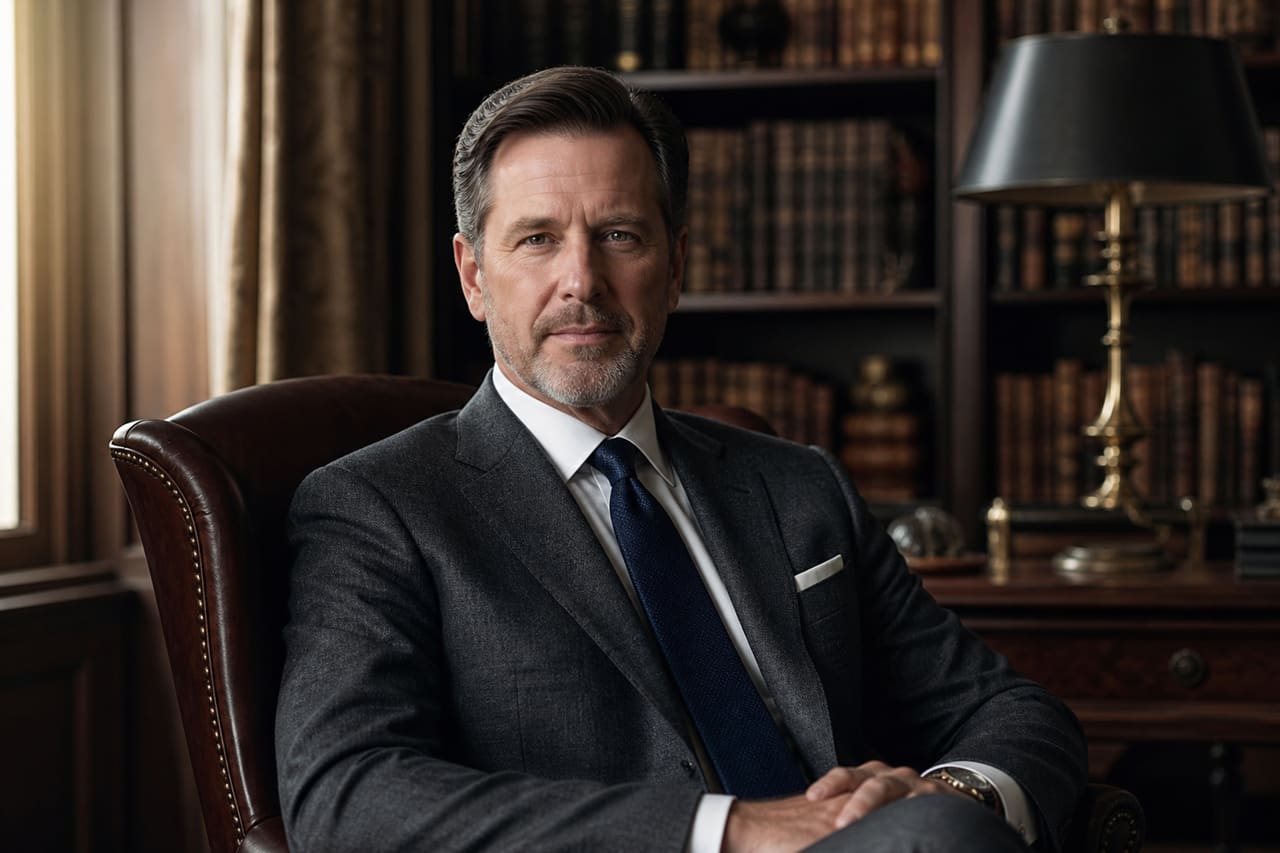 Distinguished Man in a Tailored Suit Within a Private Library