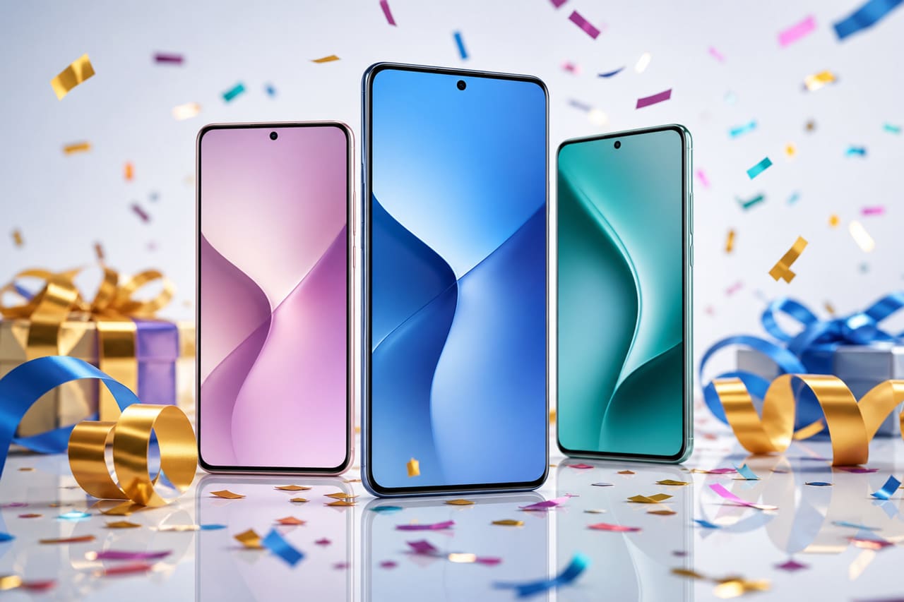 Modern Smartphones with Celebratory Confetti for a Prize Giveaway