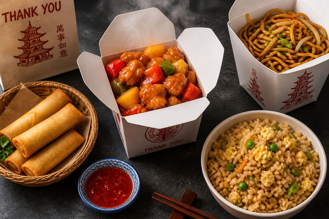 Fresh Stamford Chinese Food Takeout Spread with Noodles and Rice