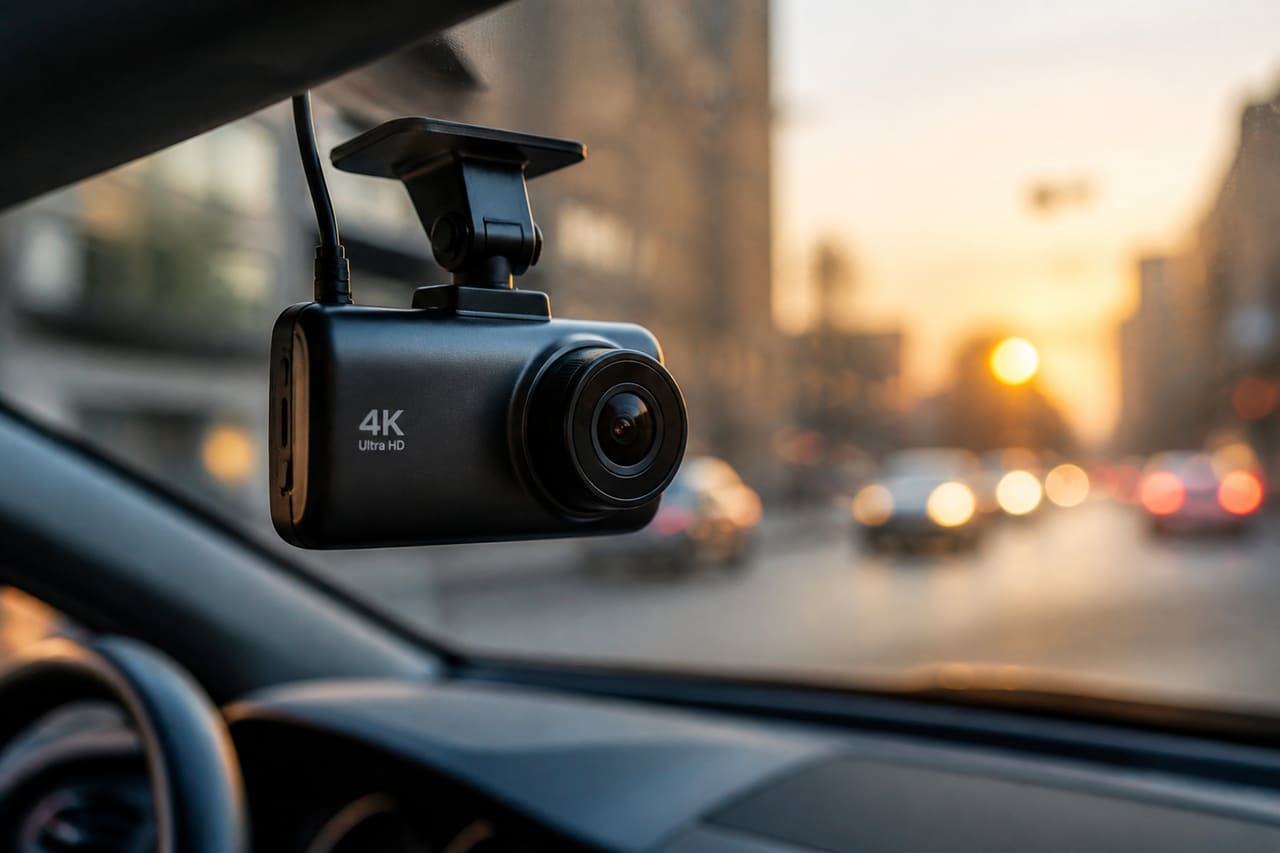 Compact 4K Dash Camera Mounted on Car Windshield