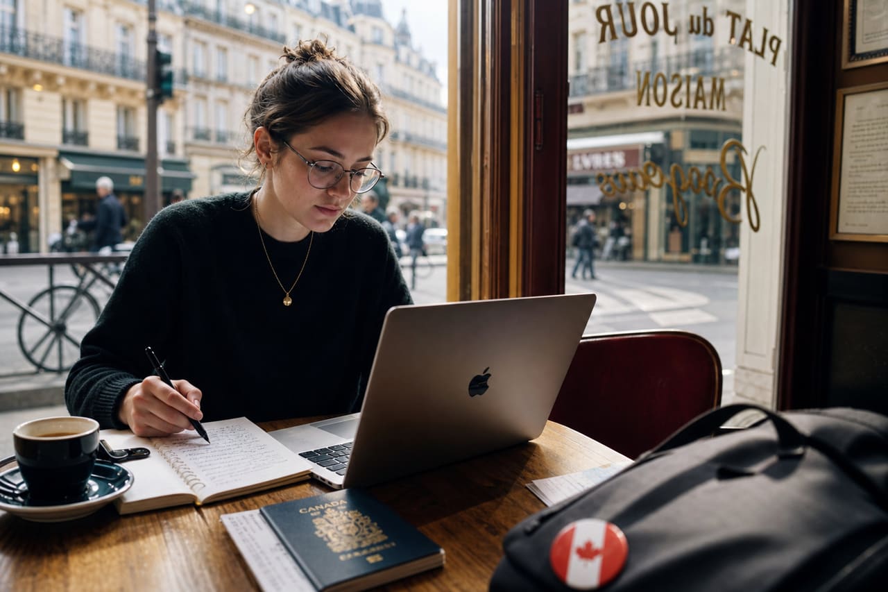 Canadian Student Studying at a Cafe in Paris