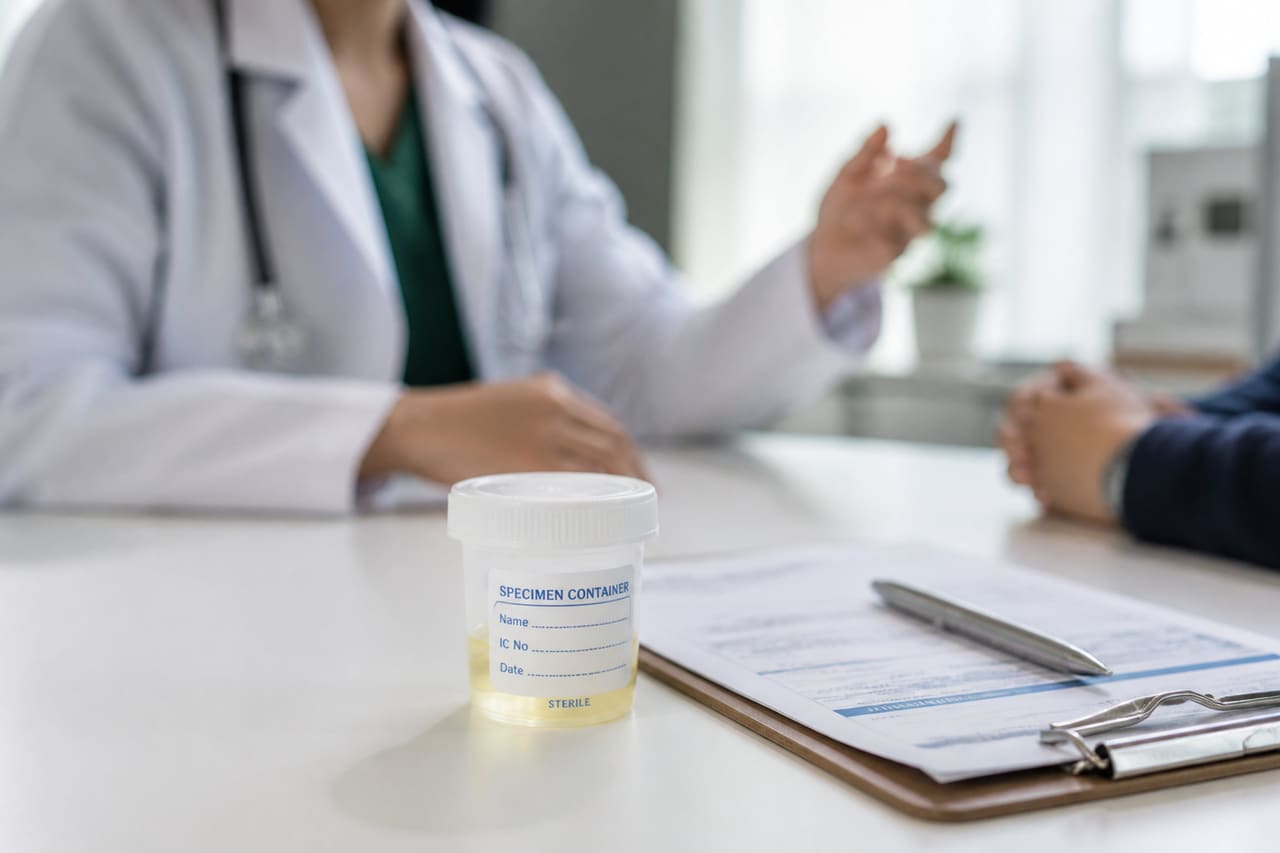 Medical Specimen Cup and Paperwork on Clinic Desk
