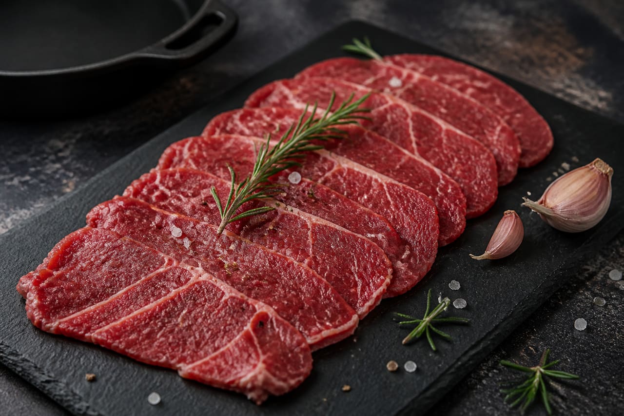 Raw Thin Steak Cuts Arranged on a Dark Slate Board