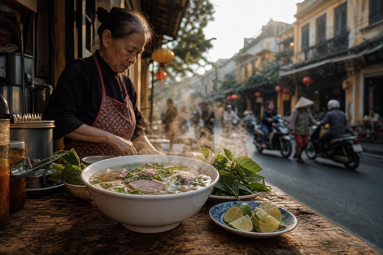 Street Food Vendor Serving Pho in Hanoi Old Quarter