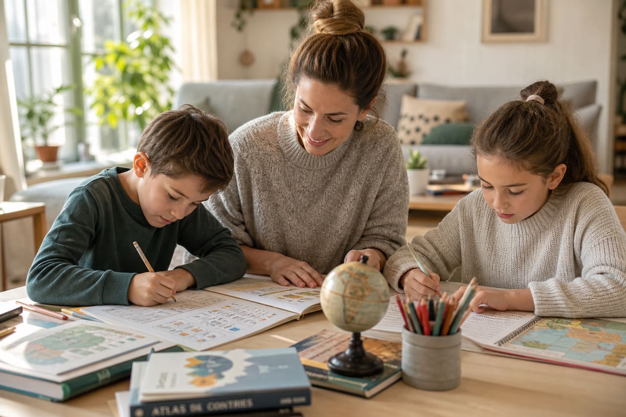 Children and Mother Studying Homeschool Curriculum in Sunny Living Room