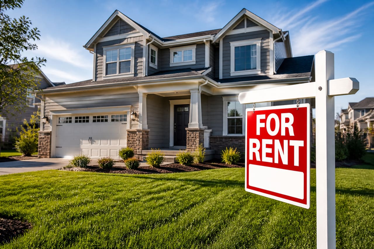 Modern Suburban House Exterior with for Rent Sign in Front Yard