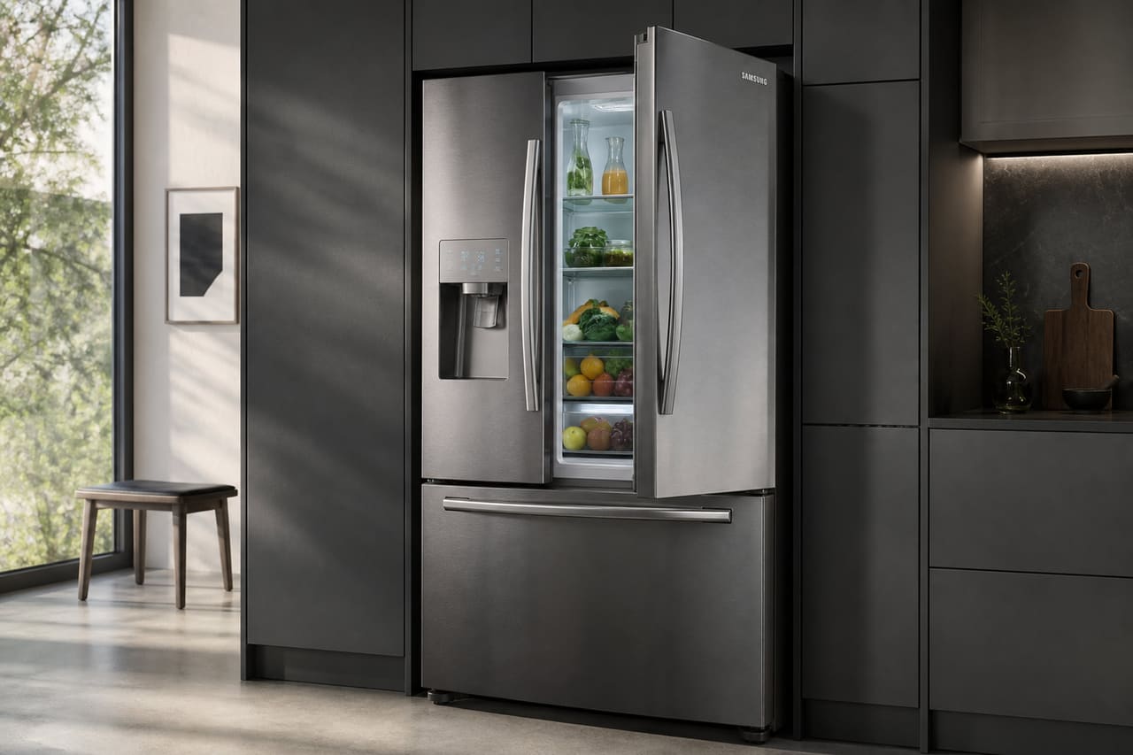 Stainless Steel French Door Samsung Refrigerator in Modern Kitchen