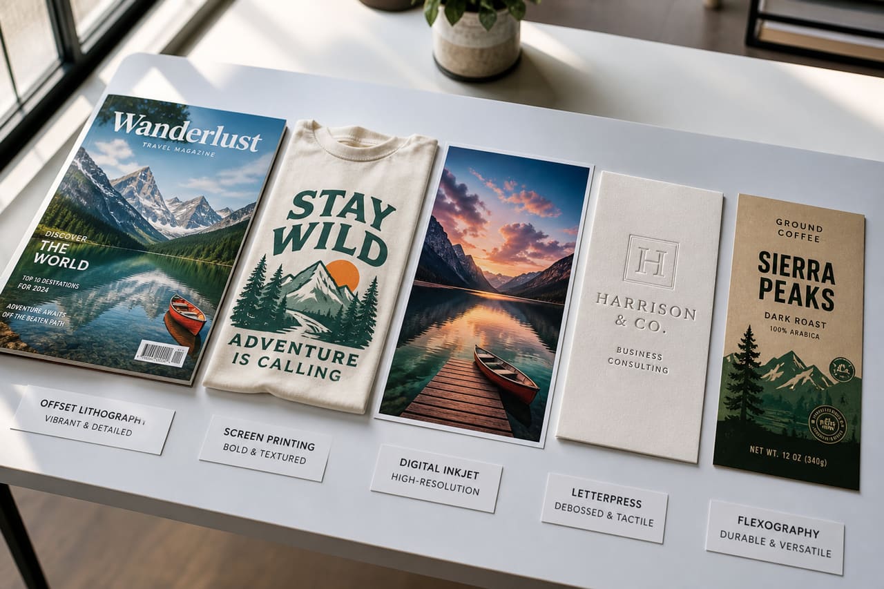 Samples of Five Major Printing Processes on a White Surface