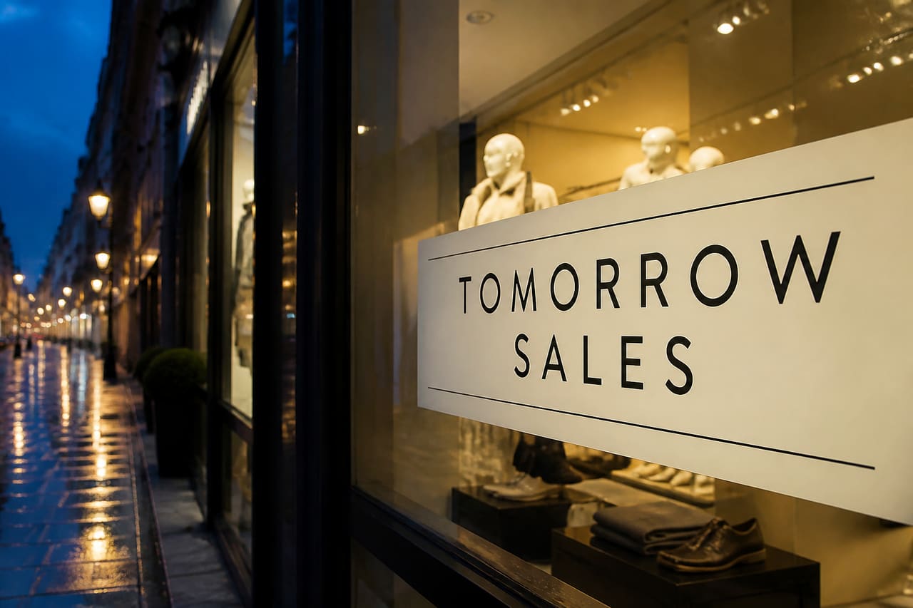 Retail Store Window Display with Tomorrow Sales Sign