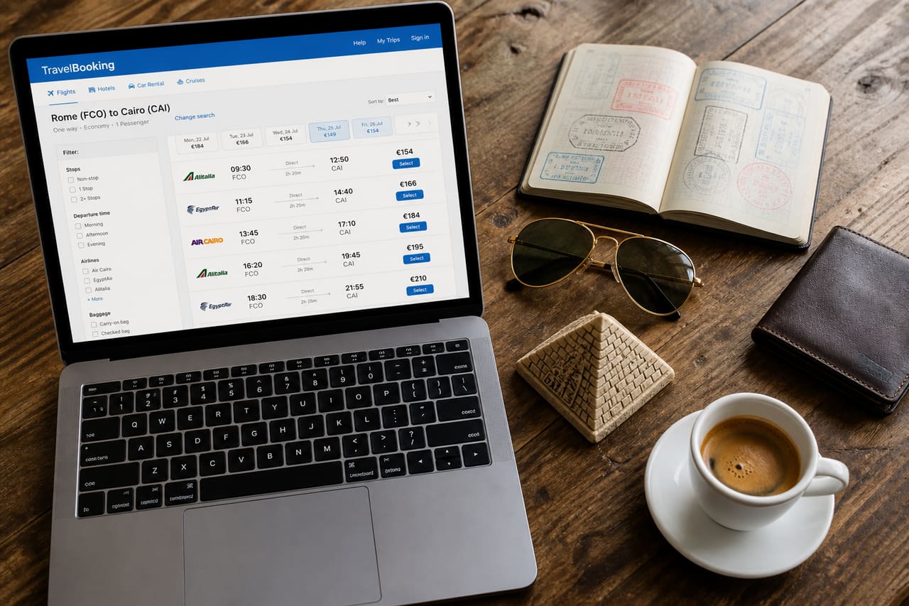 Traveler Planning Trip from Rome to Cairo with Laptop and Passport