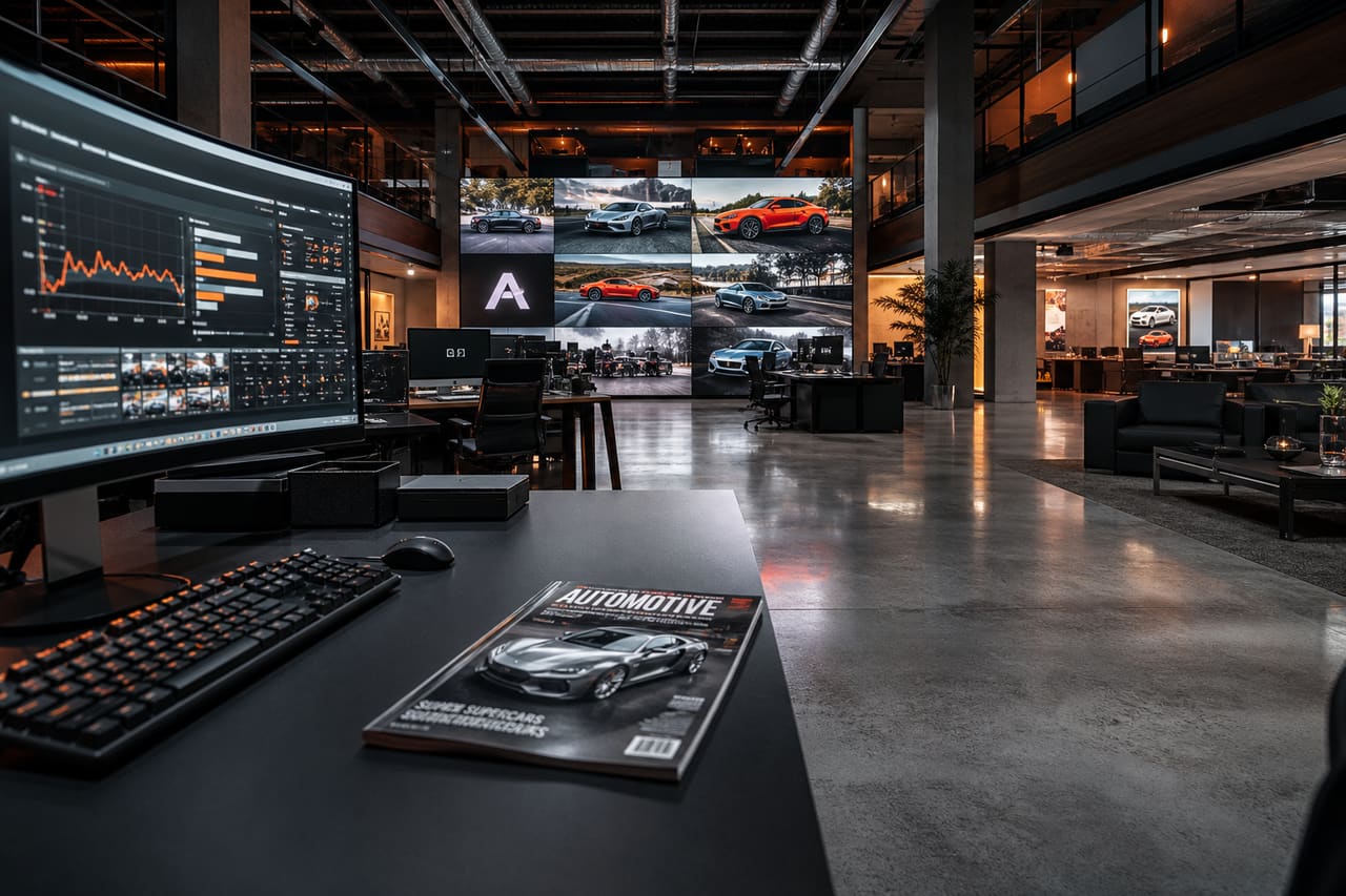 Modern Automotive Editorial Office with Digital Displays