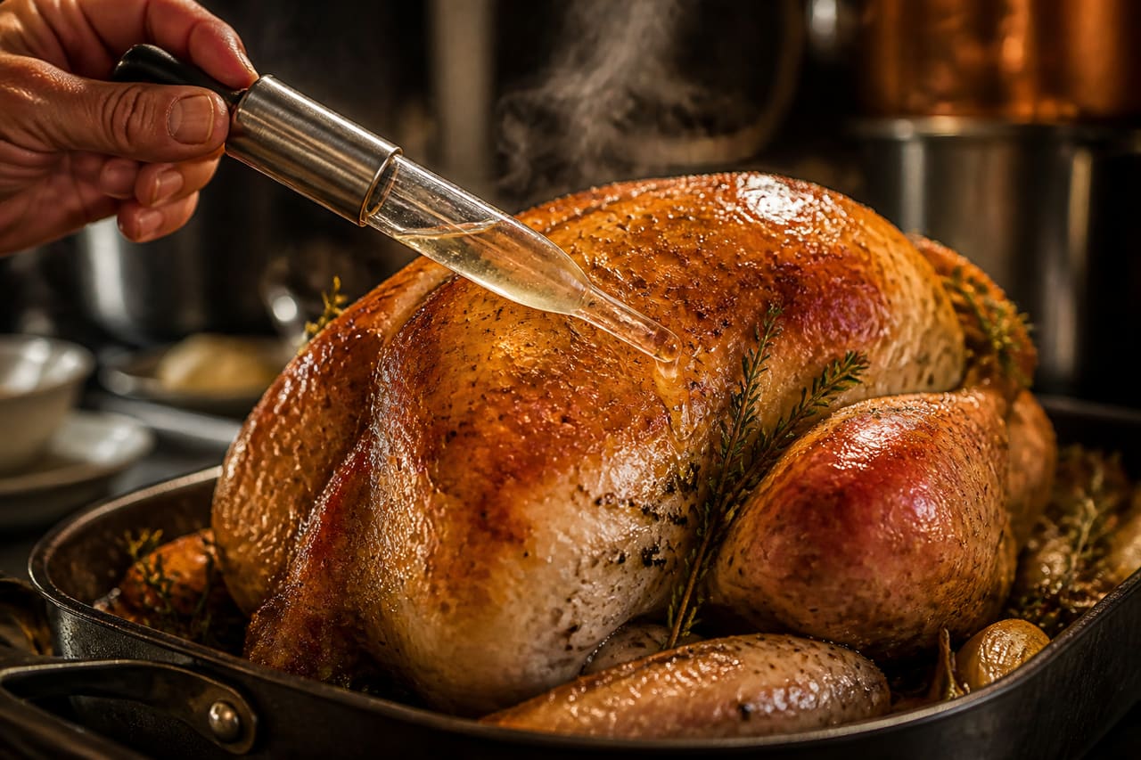 Chef Basting a Roasted Turkey with White Wine in a Kitchen