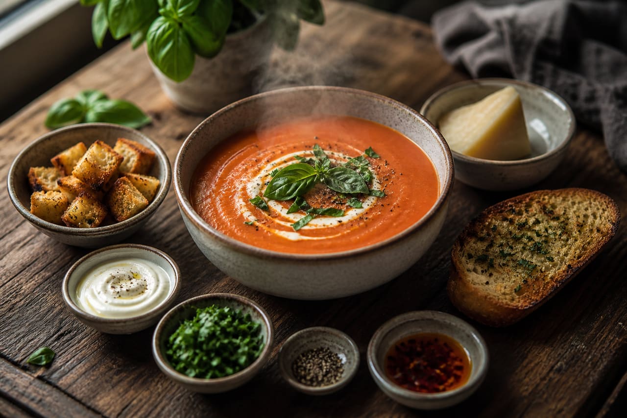Assorted Soup Garnishes and Accompaniments Around a Creamy Bowl