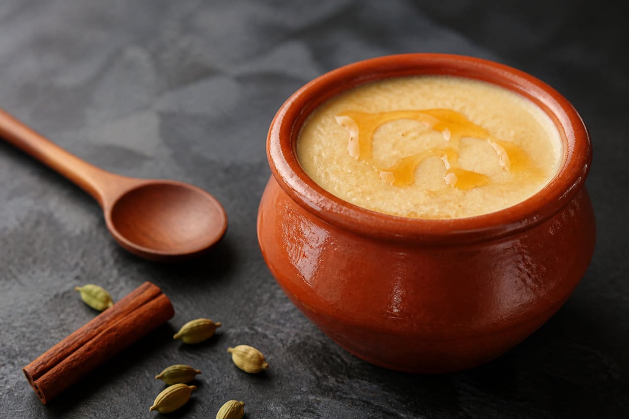 Traditional Mone Tin Re Gati Dessert in a Clay Pot