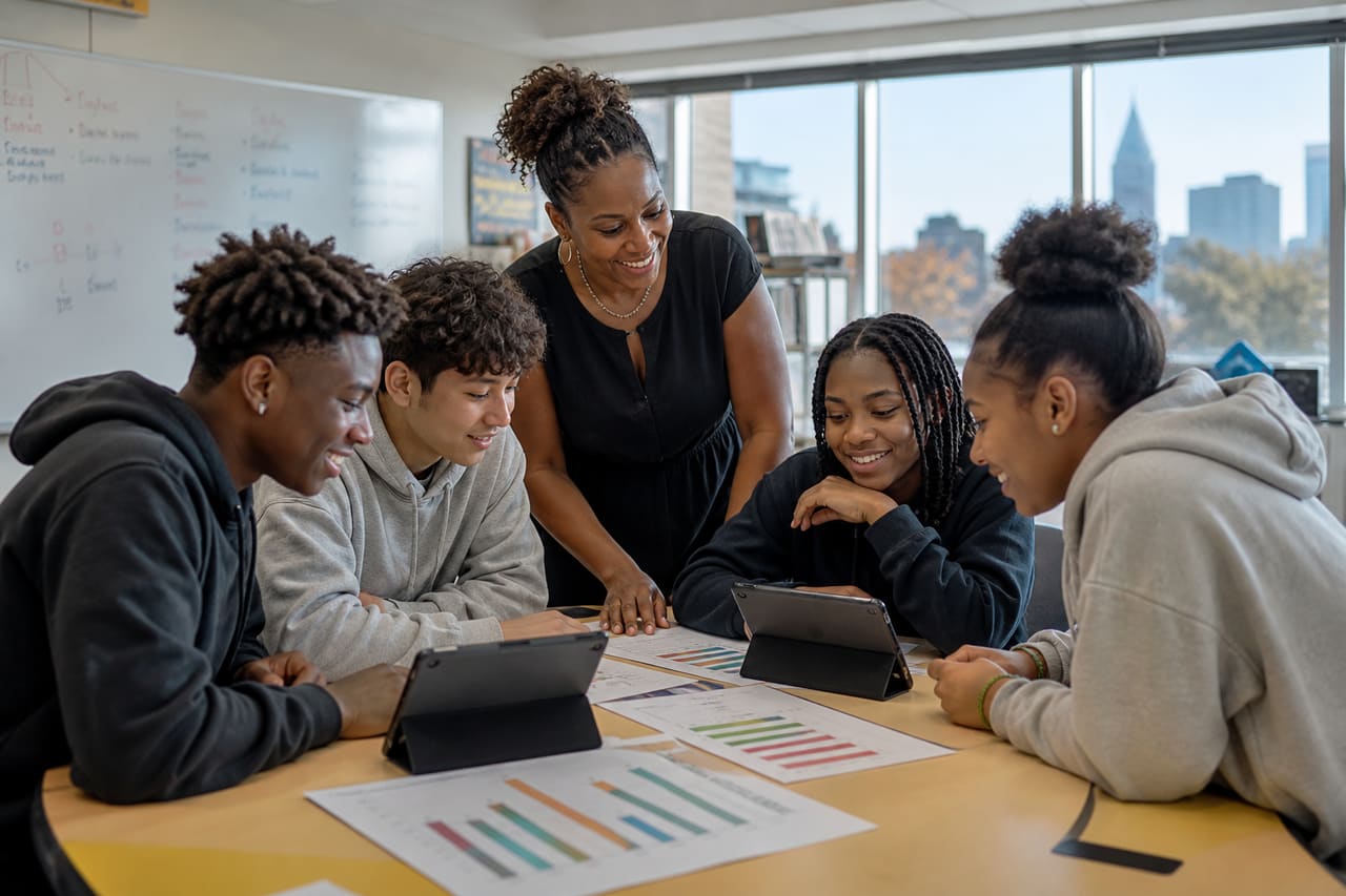 Students Analyzing Test Scores in a Bright Atlanta Classroom