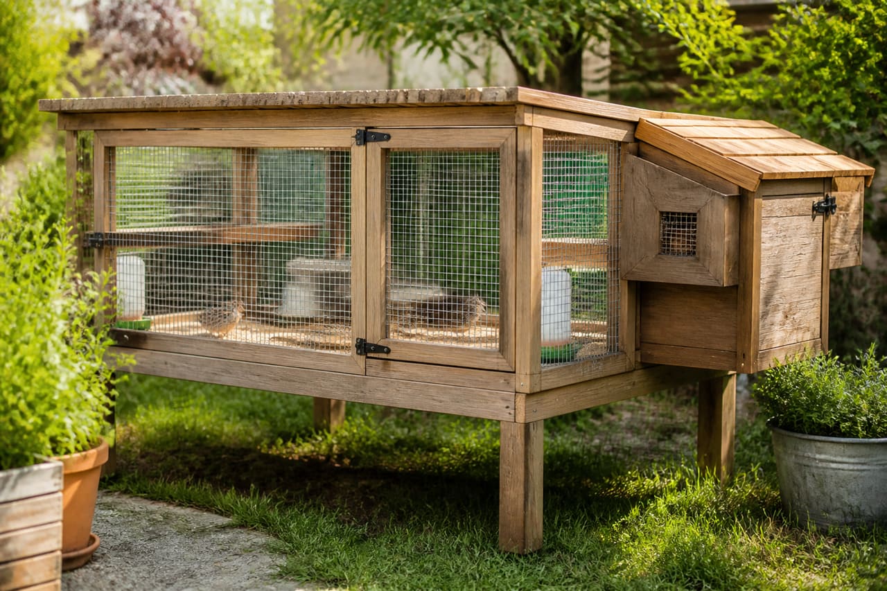Custom Wooden Quail Run Shelter Island in a Garden
