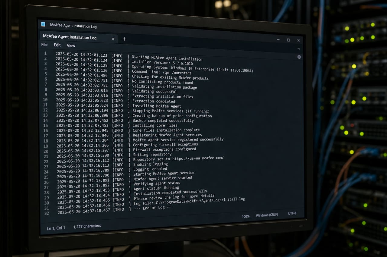 System Administrator Reviewing Mcafee Agent Install Log on Monitor