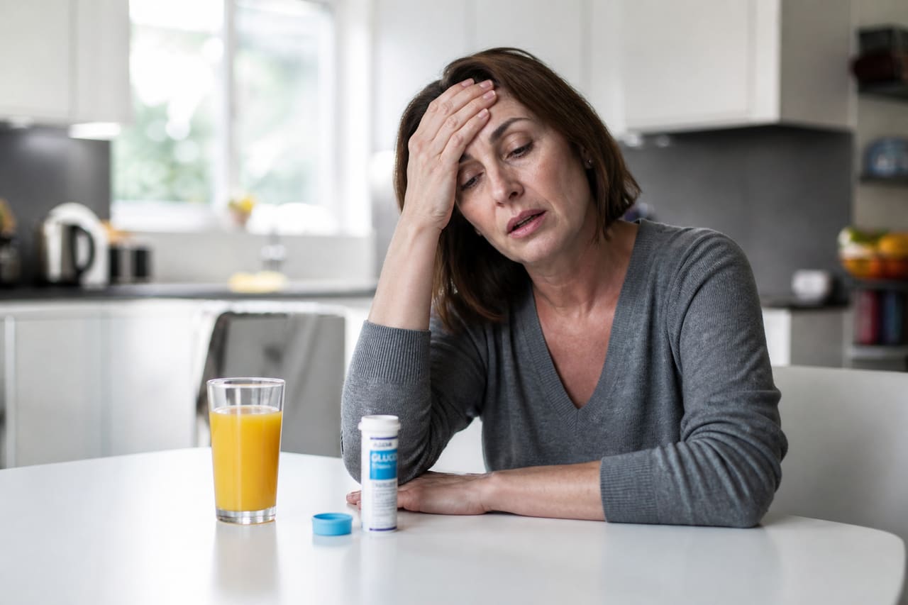 Woman Experiencing Hypoglycemia Symptoms in a Bright Kitchen