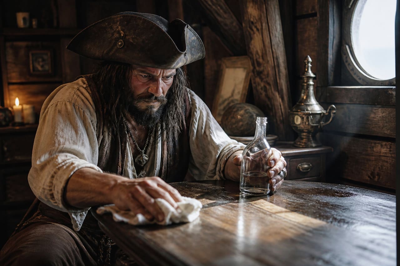 Pirate Captain Scrubbing Wooden Table in Ship Cabin
