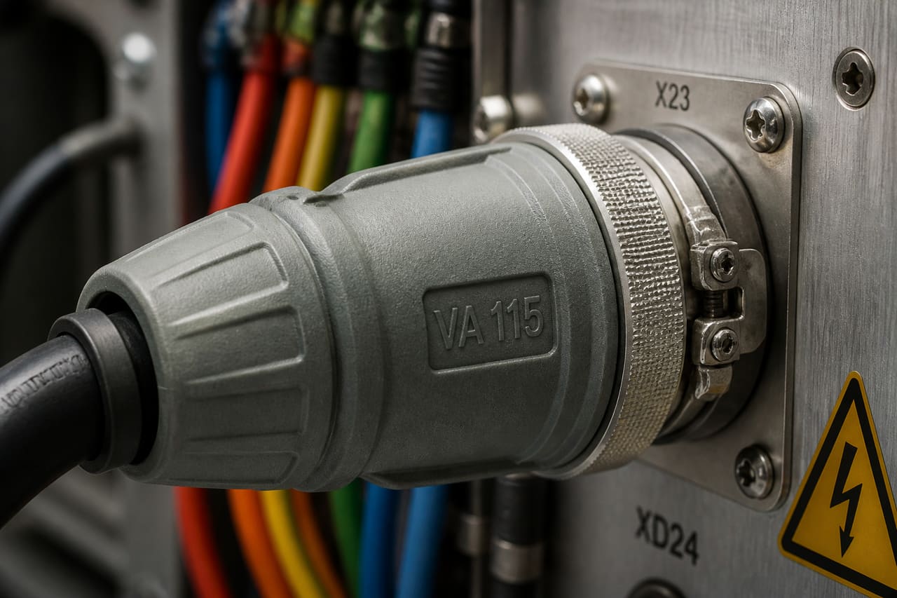 Close-Up of Va 115 Electrical Connector on Industrial Control Panel
