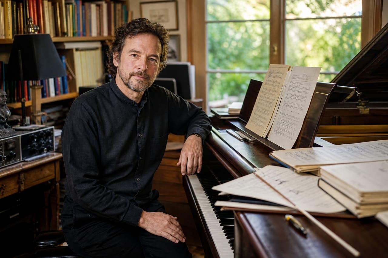 Composer Working on Musical Scores at a Grand Piano
