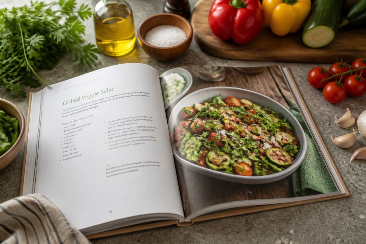 Open Healthy Cookbook with Fresh Vegetables on Kitchen Counter
