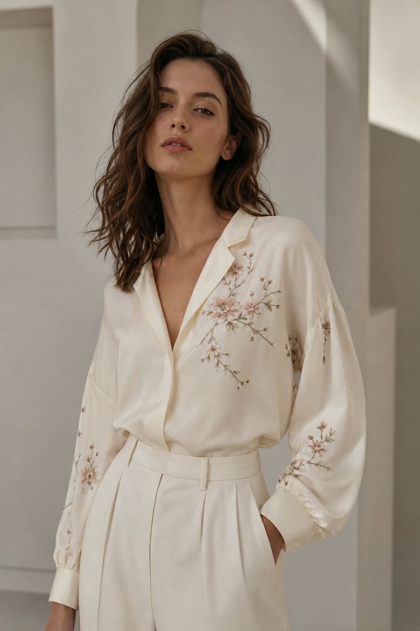 Woman Wearing Elegant Sheer Embroidered Blouse in Studio