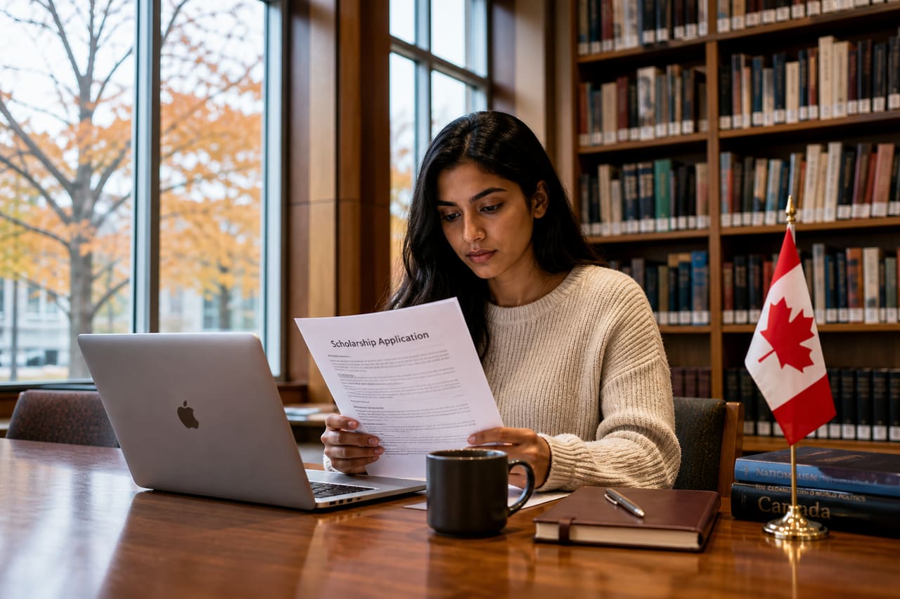 Student Studying with Academic Documents in a Canadian University Library