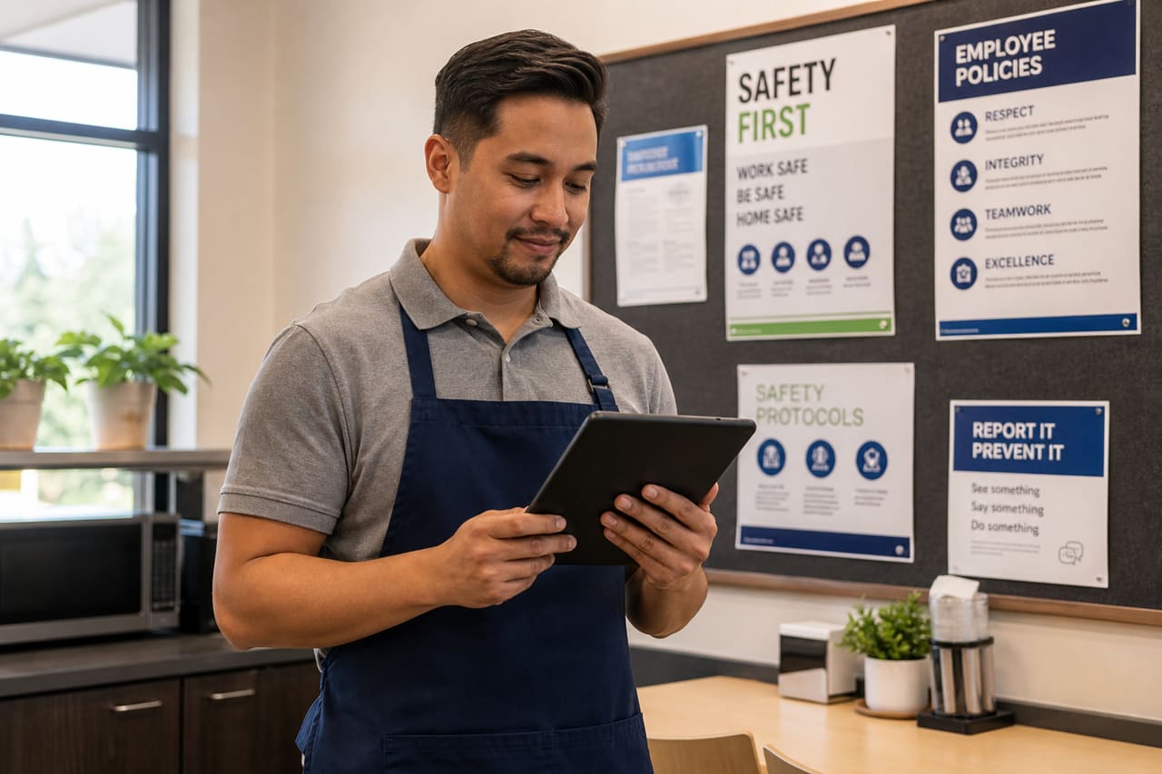 Retail Worker Reviewing Workplace Rules in Employee Breakroom