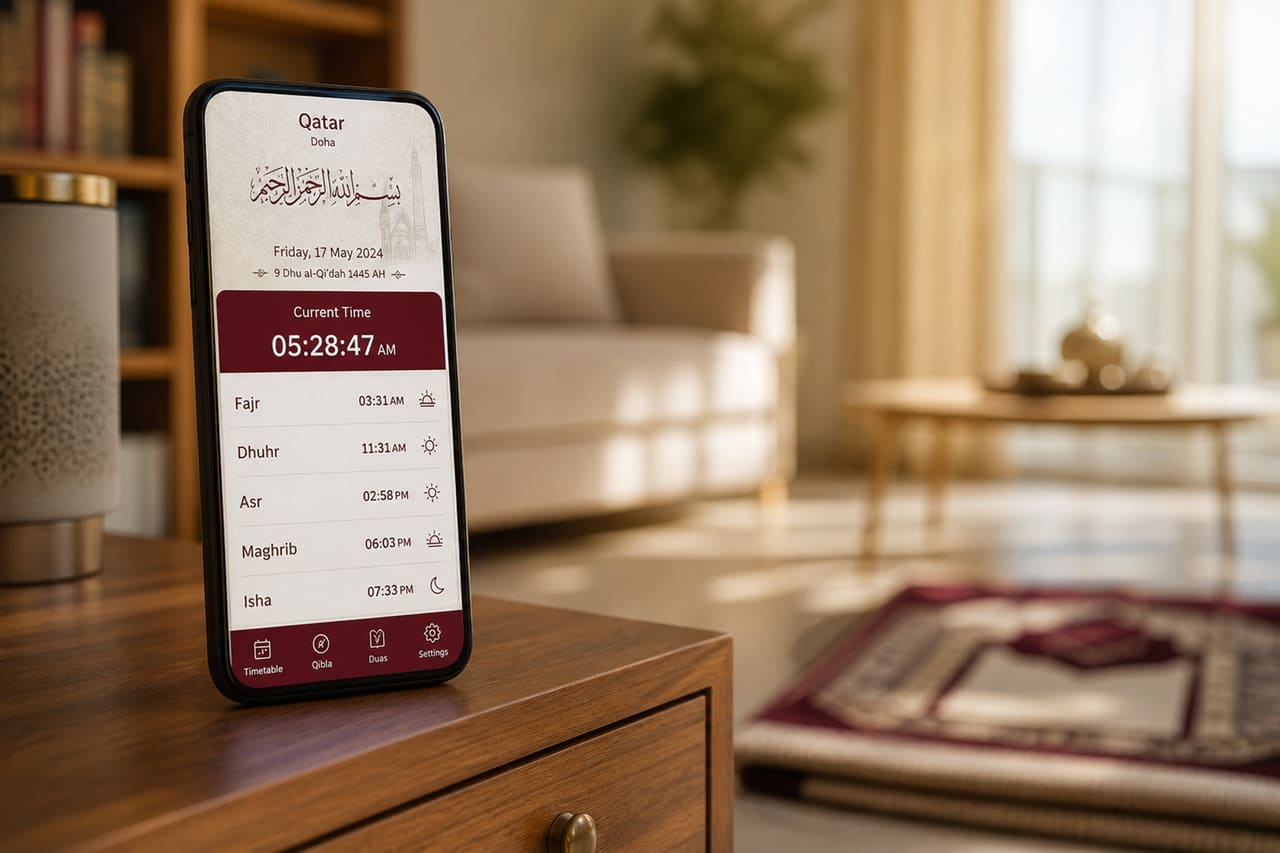 Smartphone Displaying Qatar Prayer Time Table on Bedside Table