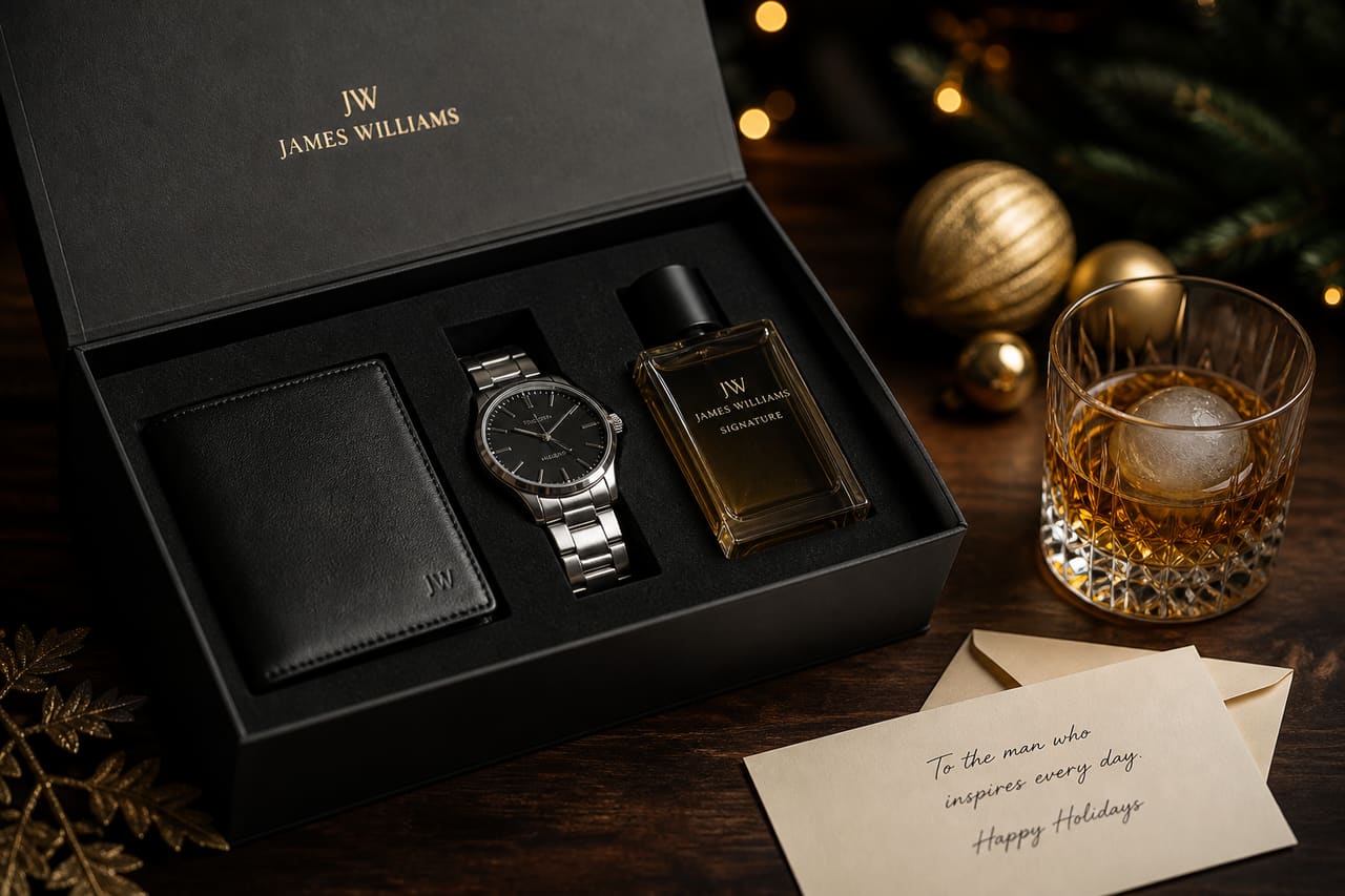 Curated Luxury Gift Set for Husband on a Wooden Table