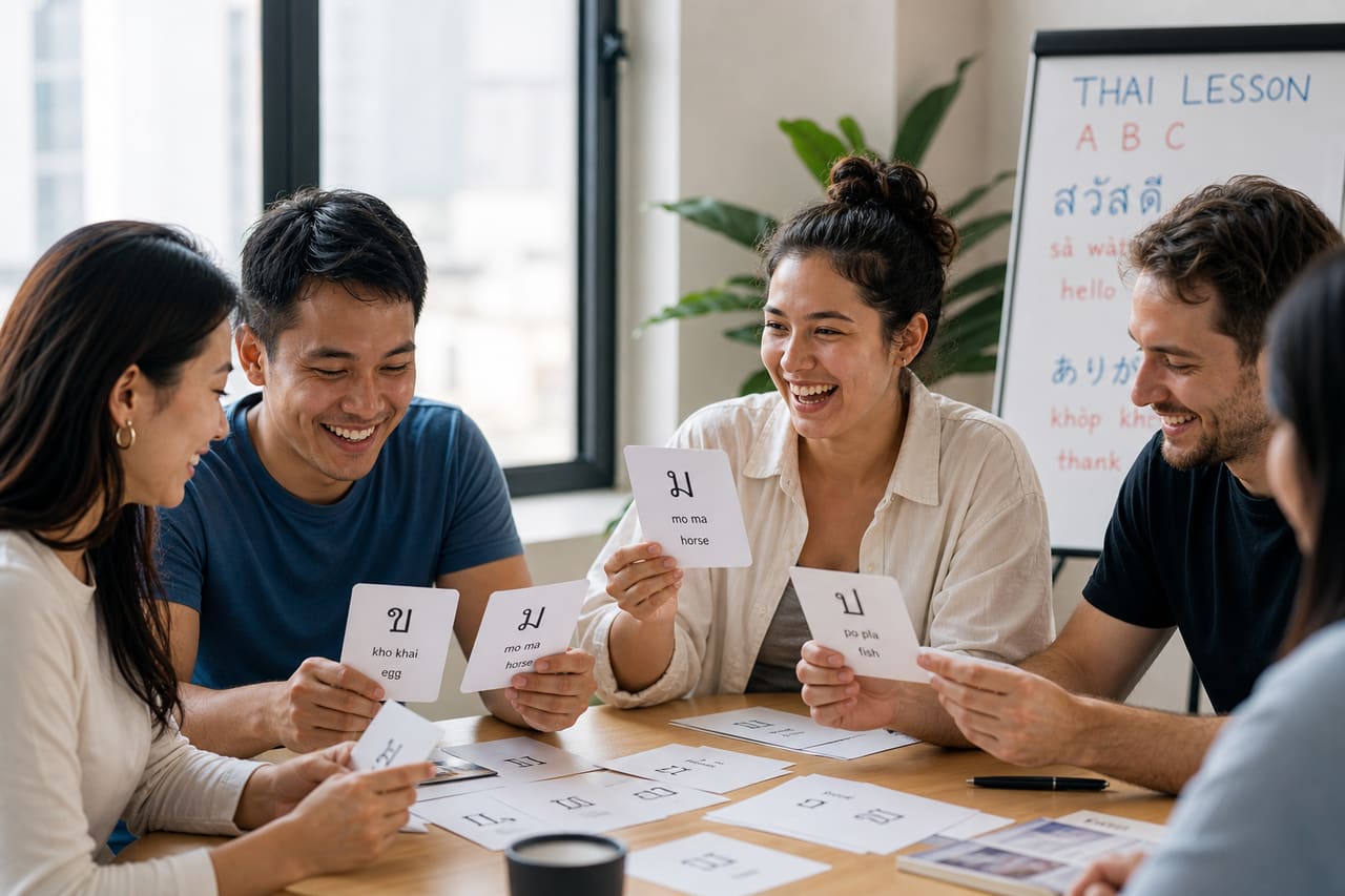 Students Learning Thai Language with Colorful Flashcards in a Classroom