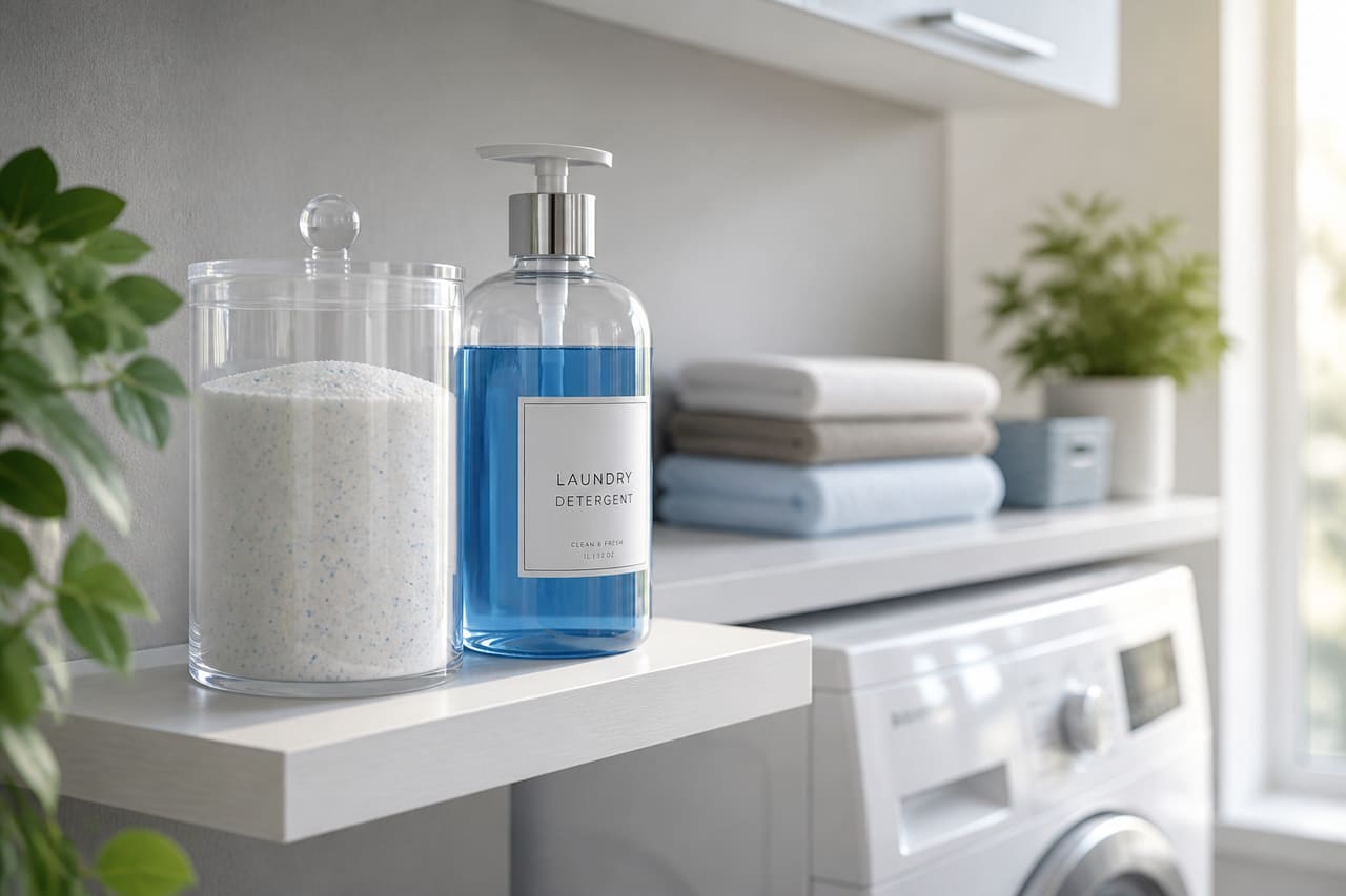 Laundry Detergent Powder and Liquid Bottles on a Modern Laundry Room Shelf